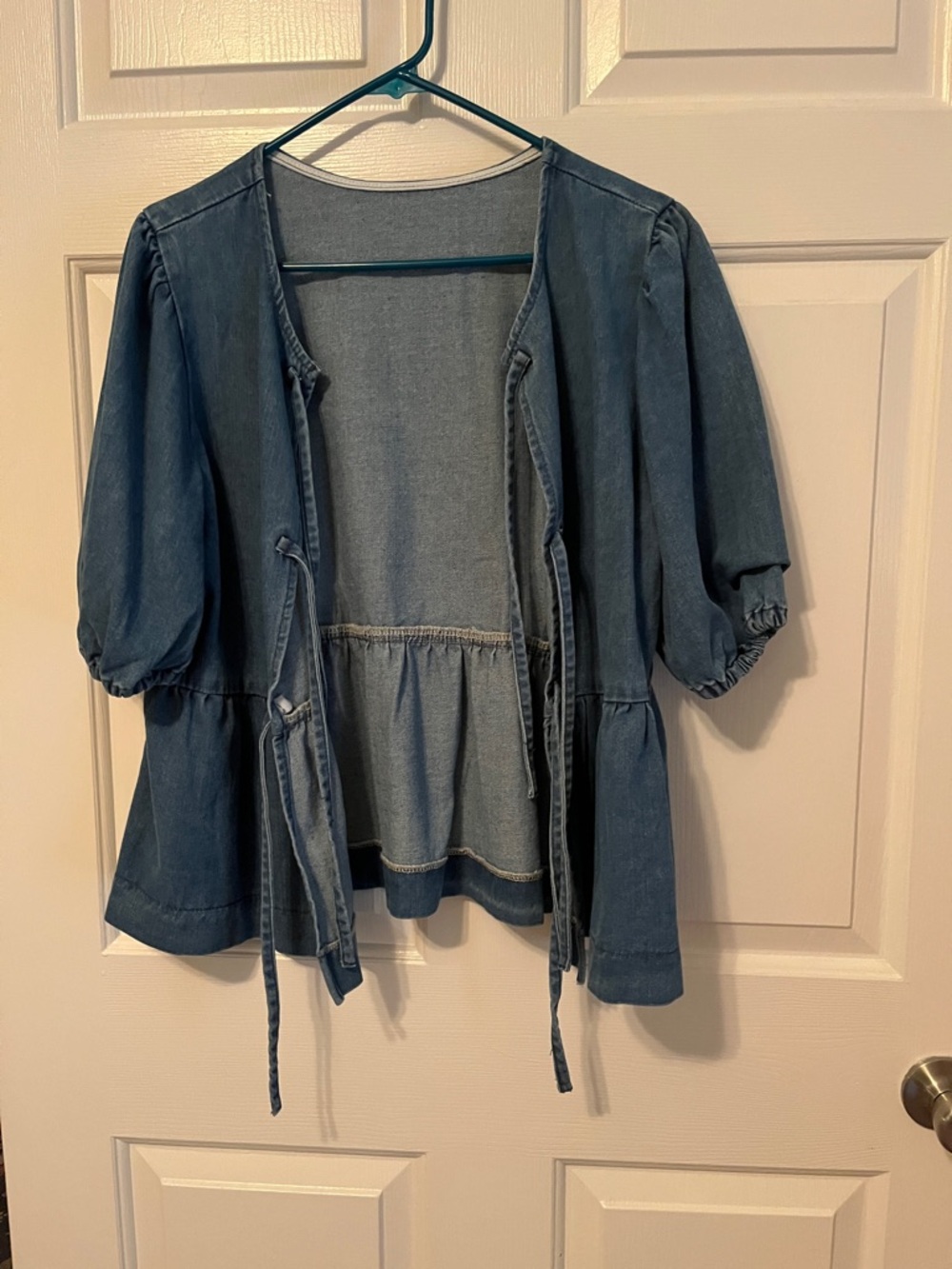 NWOT Amazon Light Denim Peplum Tie-Front top